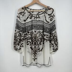 Chicos Sheer Blouse Top Womens 1 / Medium Black White Tan Key Hole Neck Tunic